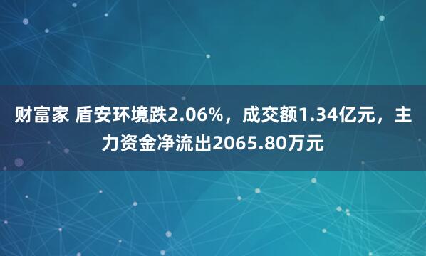 财富家 盾安环境跌2.06%，成交额1.34亿元，主力资金净流出2065.80万元